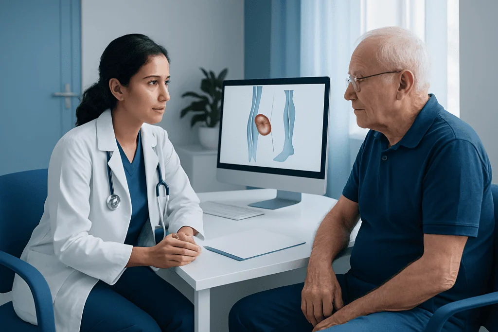 Doctor explaining leg circulation issues to an elderly patient.
