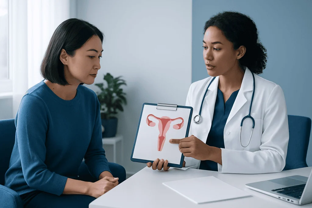 Doctor explaining uterine septum to patient with diagram.