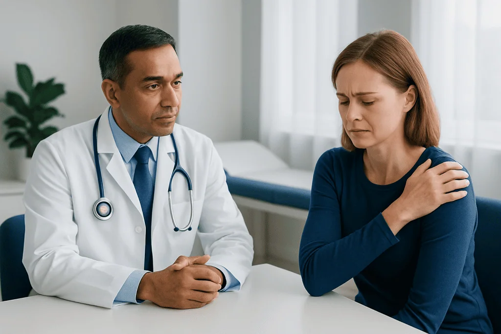 Doctor consulting with a woman about shoulder pain in a clinical setting.