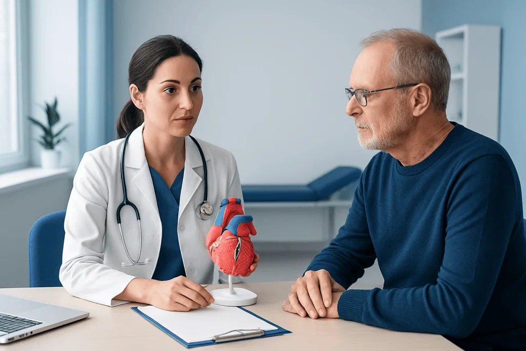 Cardiologist explaining heart valve issues to patient in clinic.