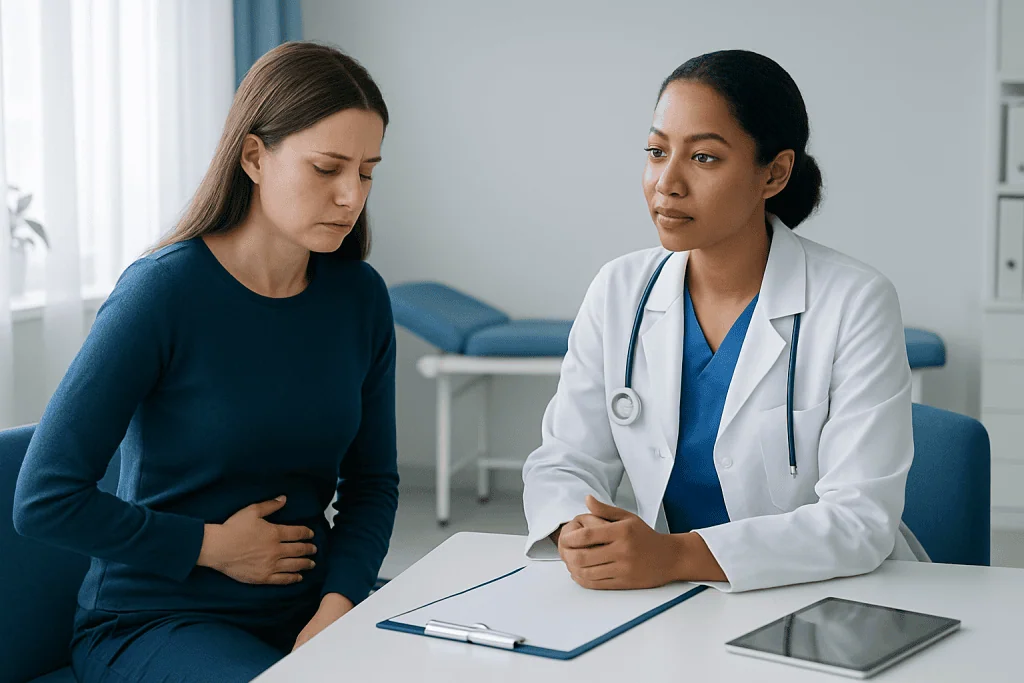 Doctor consulting with a patient about pelvic pain and heavy periods.