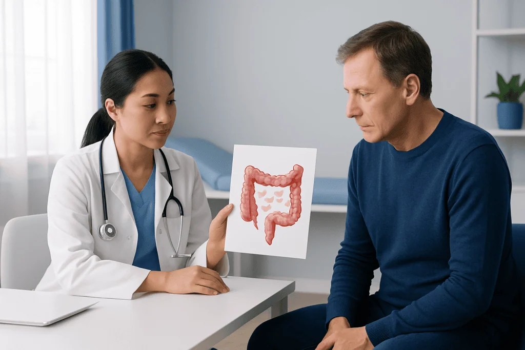 Doctor explaining colon illustration to patient in consultation room.