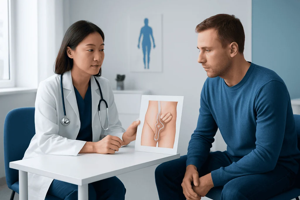Doctor explaining inguinal hernia to patient with anatomical model.