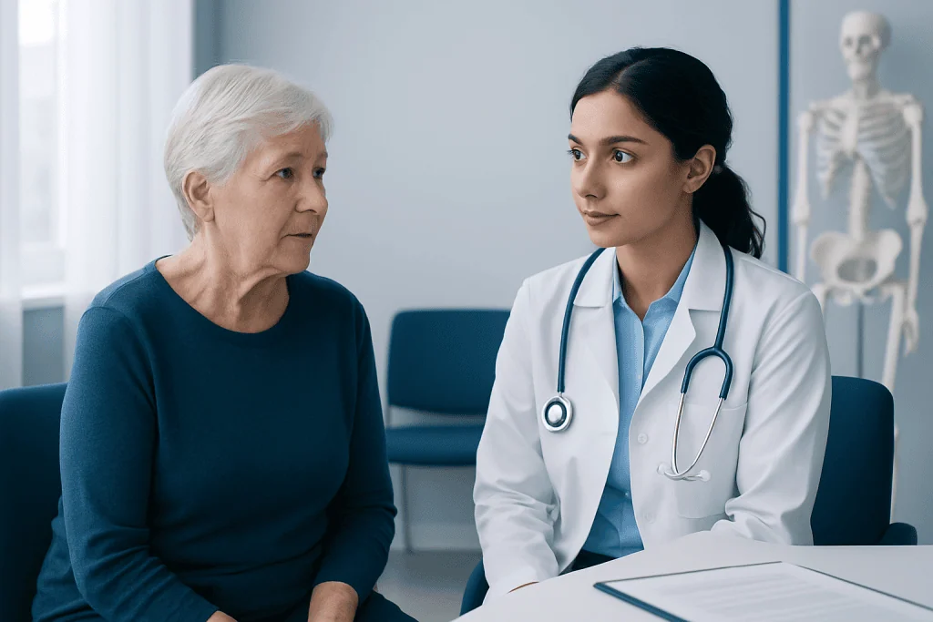 Doctor consulting with elderly woman in a medical office.