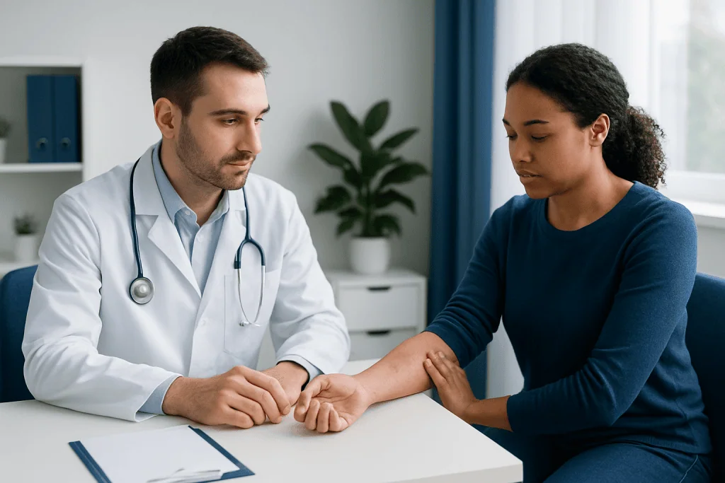 Doctor examining patient's arm for skin allergy symptoms at clinic.