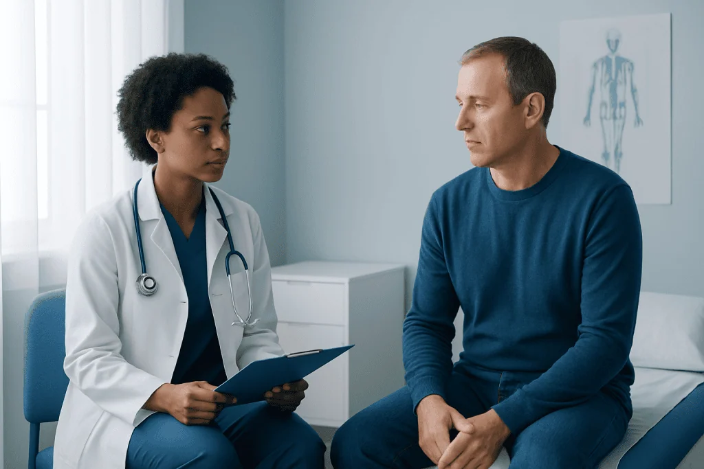 Doctor consulting male patient in a medical office setting.