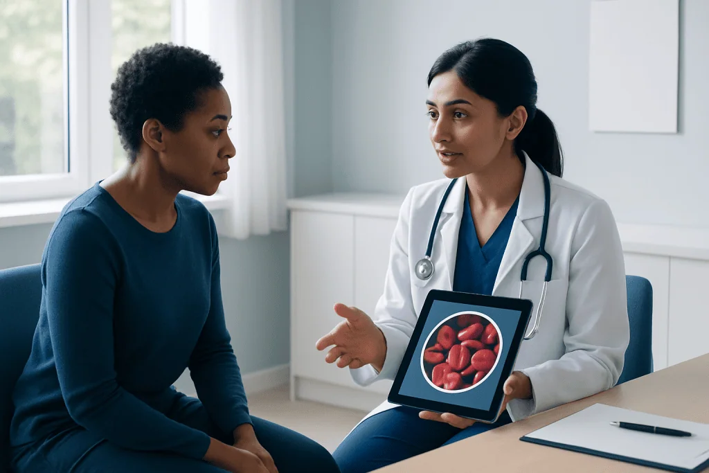 Doctor explaining red blood cells to patient in a consultation room.