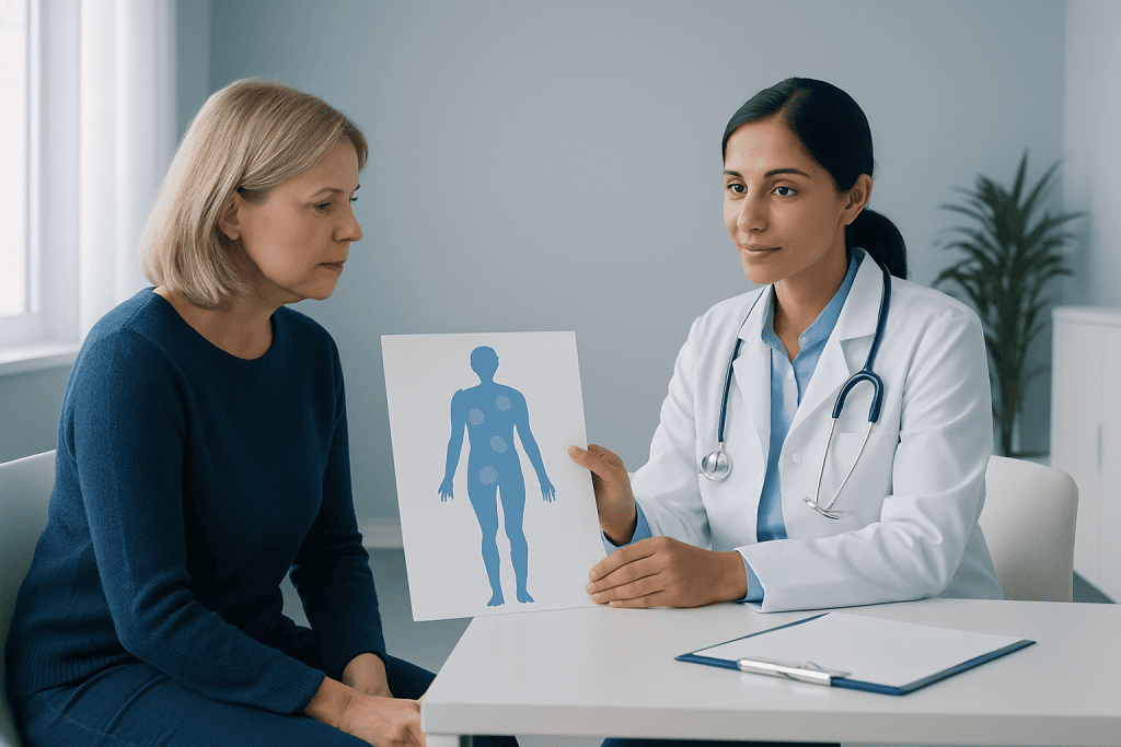 Doctor explaining medical diagram to a patient in a consultation room.