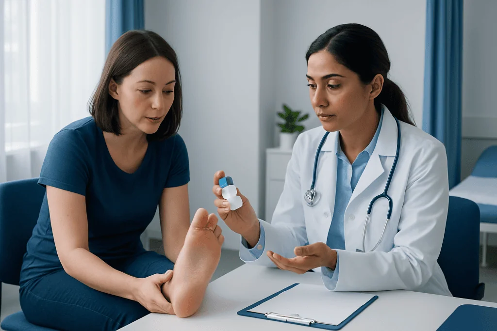 Doctor examining patient's foot in a medical consultation at Acibadem Hospital.