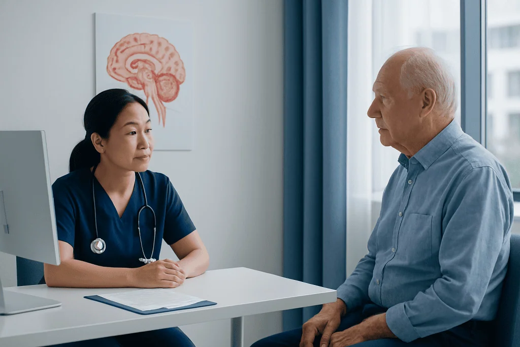 Doctor consulting elderly patient in a medical office with brain anatomy poster.