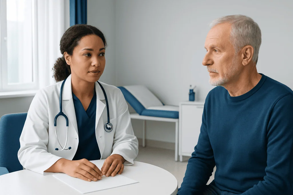 Doctor consulting with an elderly male patient in a medical office.