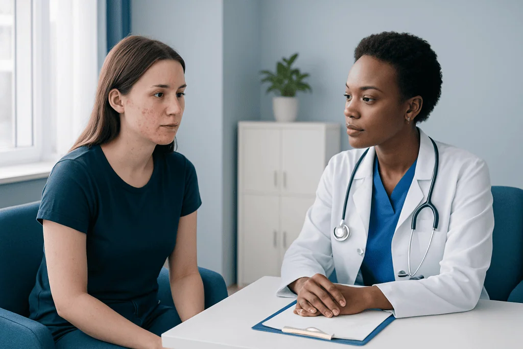 Dermatologist consulting with a patient about acne treatment options.