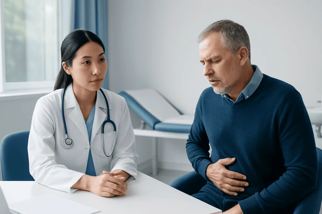 Doctor consulting with a patient about abdominal pain in a clinic setting.