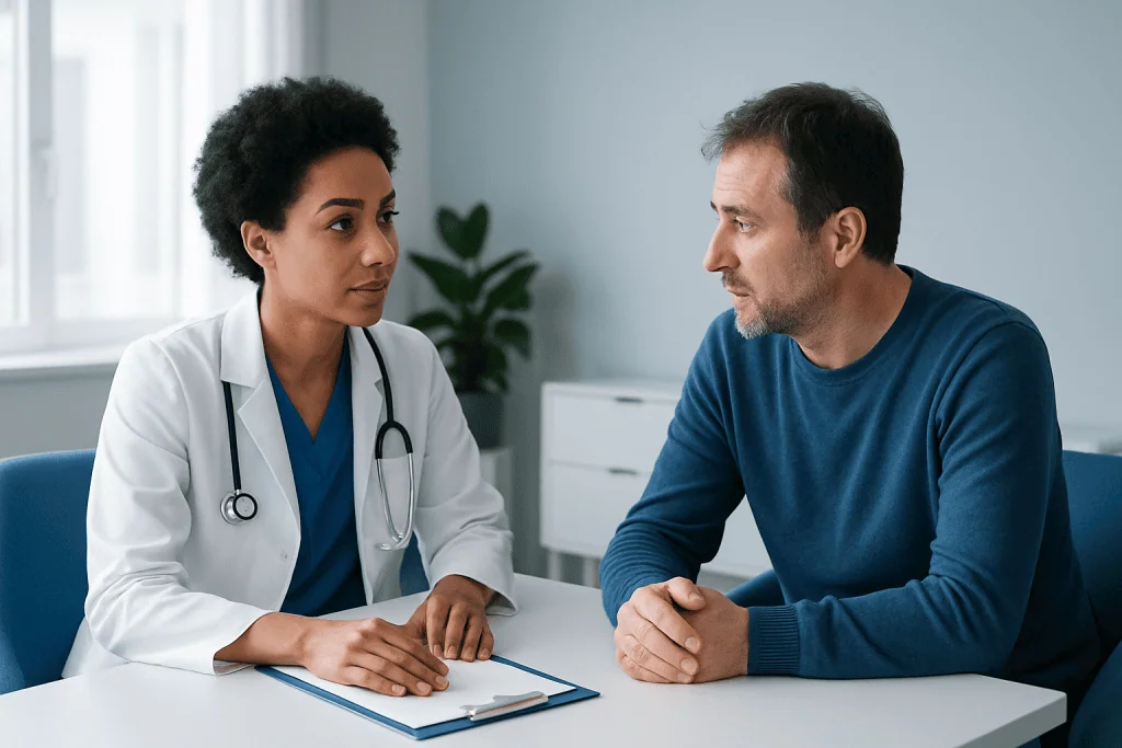 Doctor consulting with patient in a medical office setting.