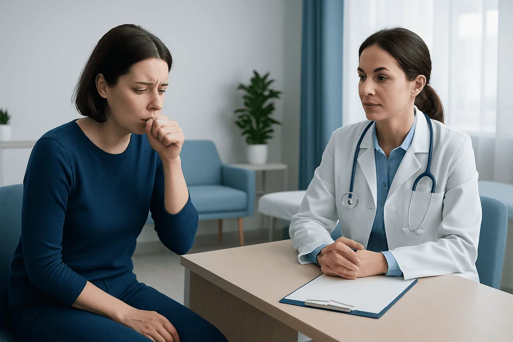 Patient consulting doctor about respiratory symptoms in a clinic setting.