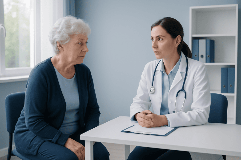 Doctor consulting with elderly patient in a medical office.