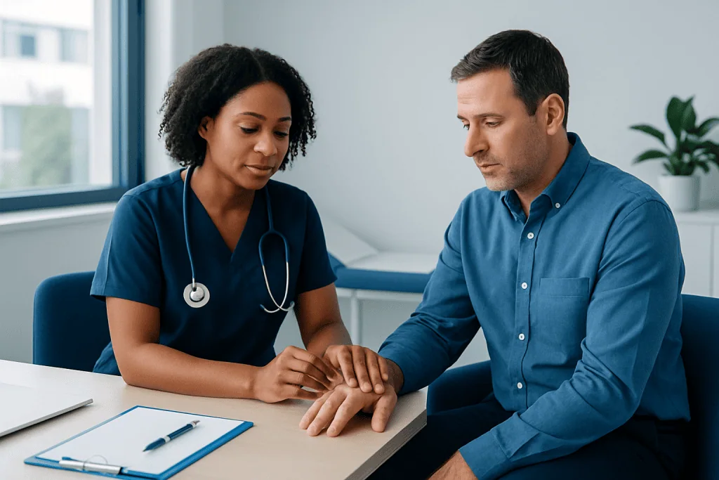 Doctor examining patient's hand in a medical consultation at Acibadem Hospital.