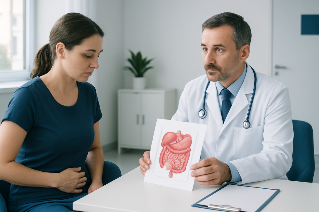 Doctor explaining abdominal organs to patient in consultation room.