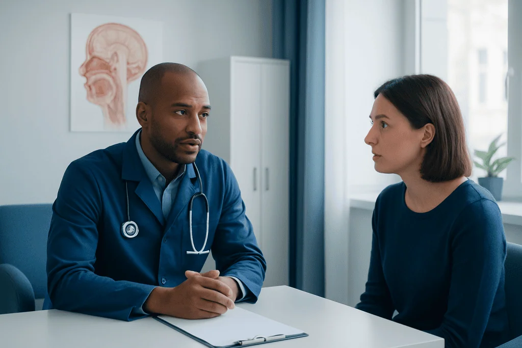 Doctor consulting with a female patient in a medical office.