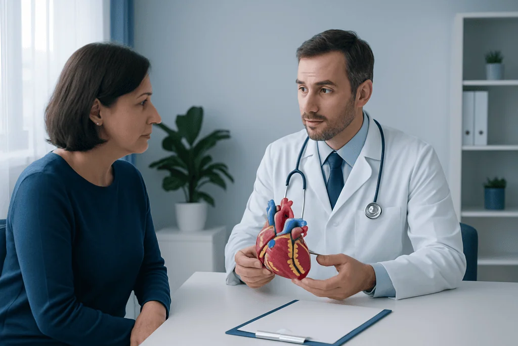 Cardiologist explaining heart anatomy to a patient in a consultation room.