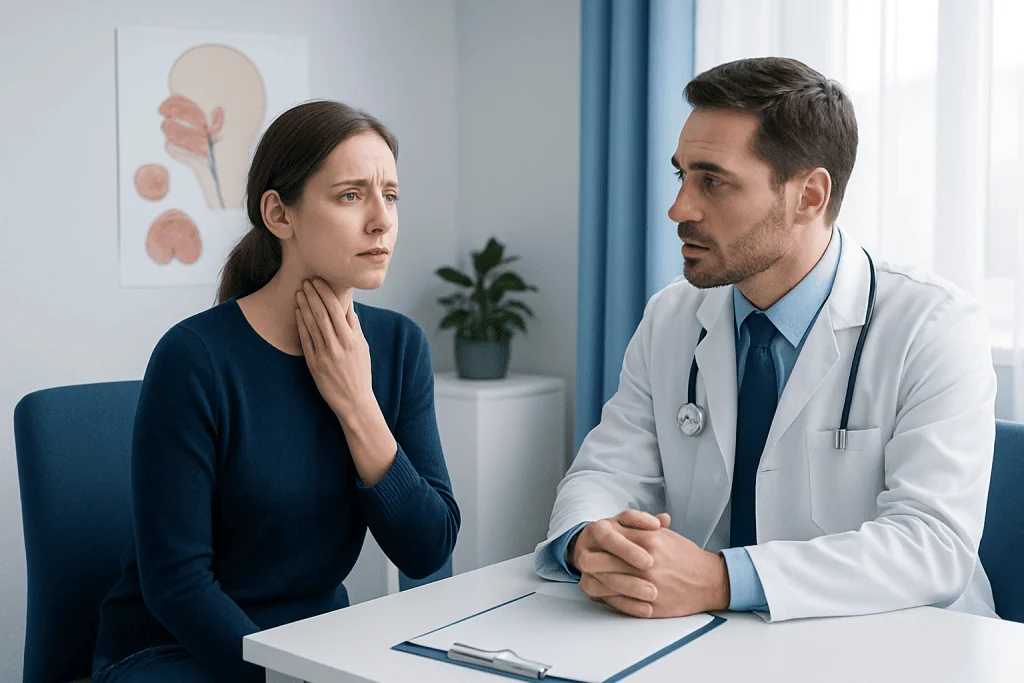 Doctor consulting with a woman about throat symptoms at Acibadem Hospital.