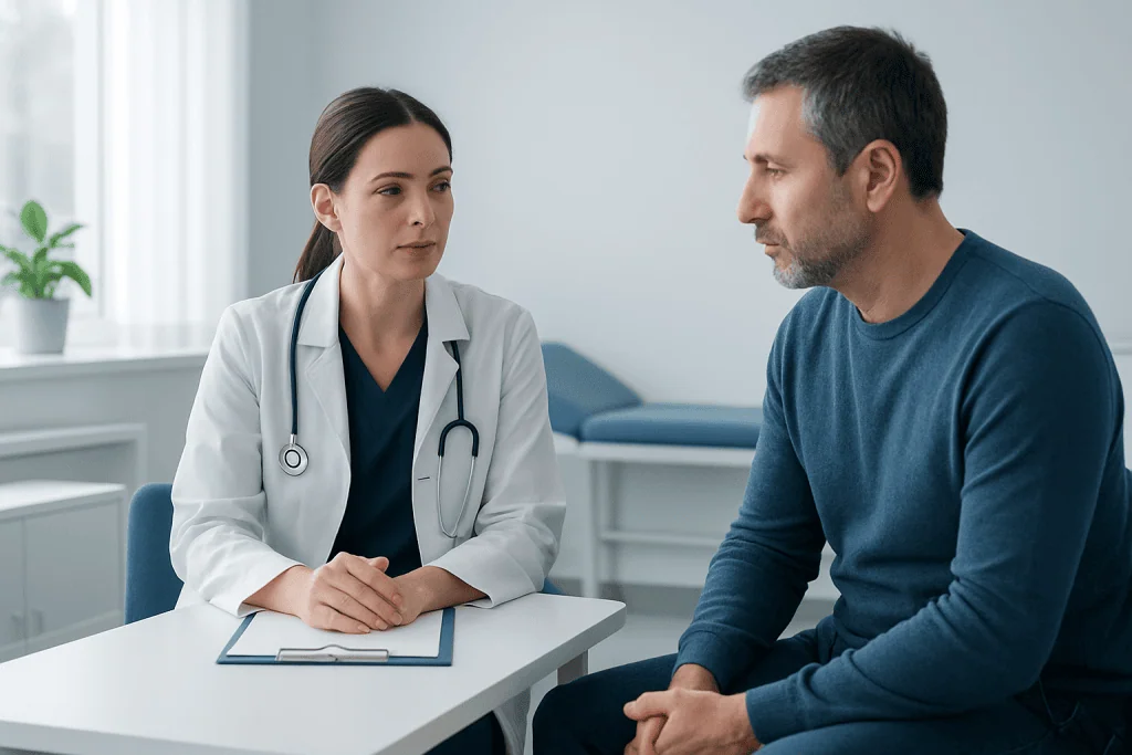 Doctor consulting with male patient in a medical office.