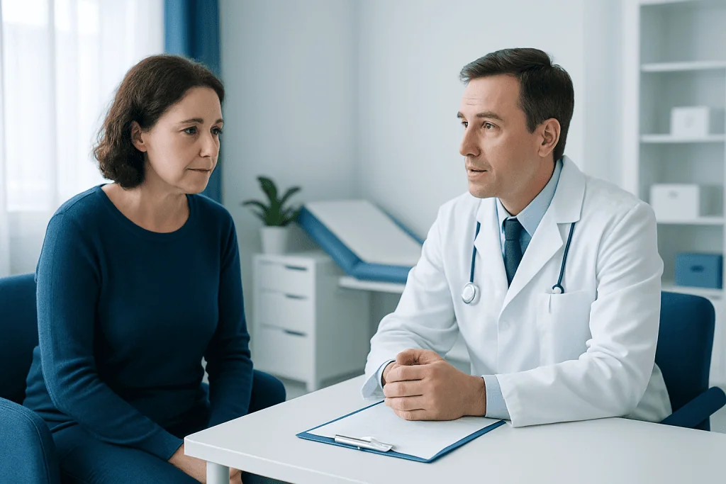 Doctor consulting with a female patient in a medical office setting.