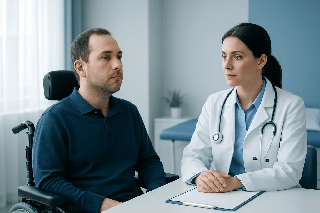 Doctor consulting with a male patient in a hospital setting.