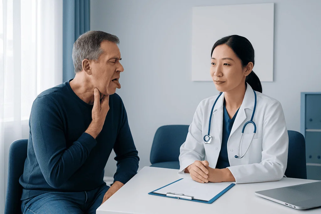 Doctor consulting with a patient about throat health in a medical office.