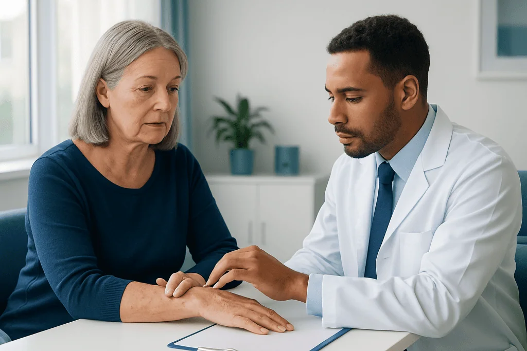 Doctor examining elderly woman's skin in consultation room.