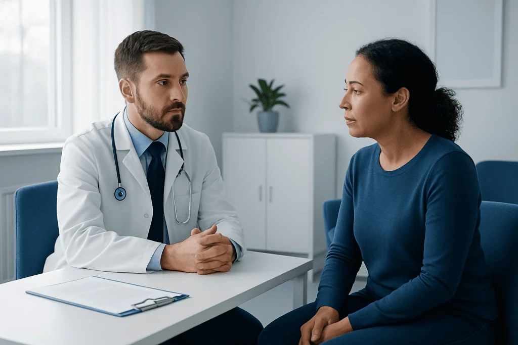 Doctor consulting with a female patient in a medical office.