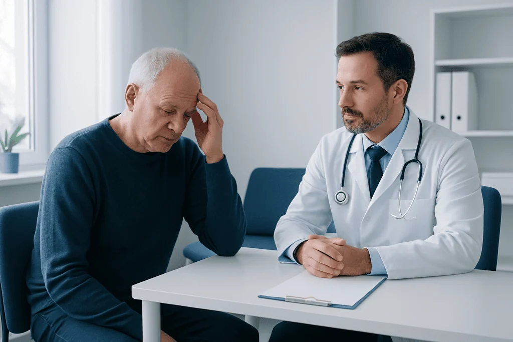 Doctor consulting with an elderly patient about health concerns in a medical office.