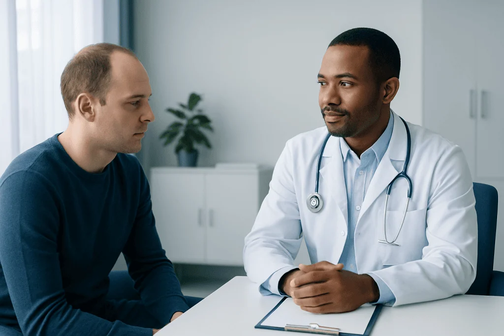 Doctor consulting with patient in a medical office setting.