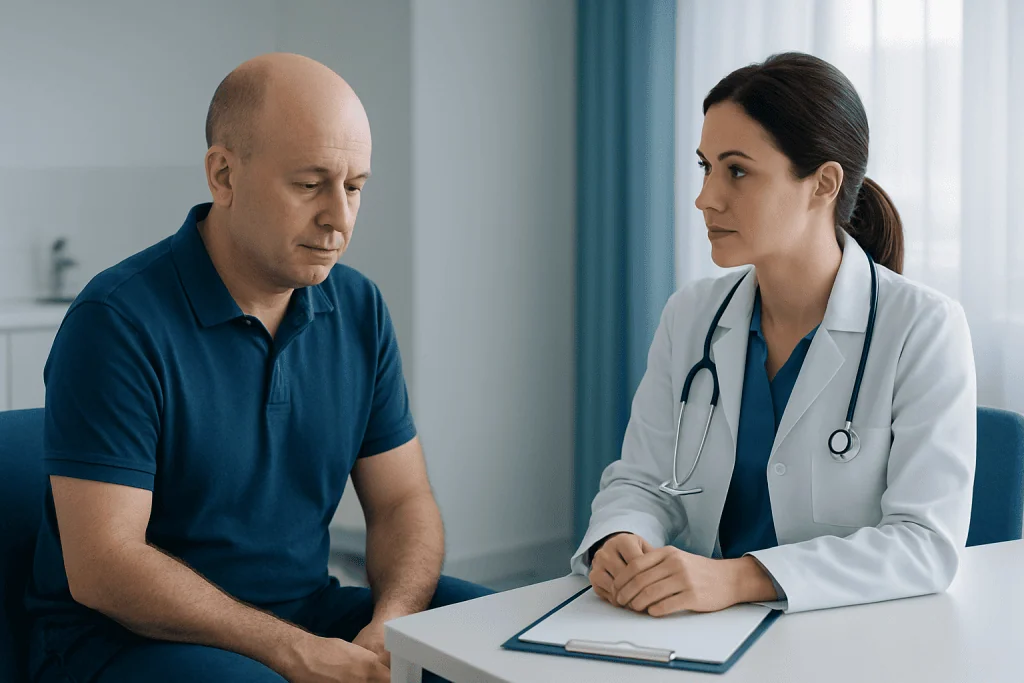 Doctor consulting with male patient in a medical office.