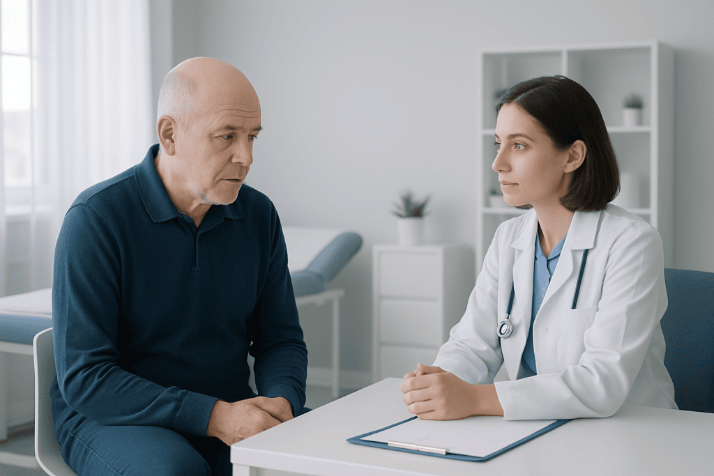 Doctor consulting with male patient in a medical office.