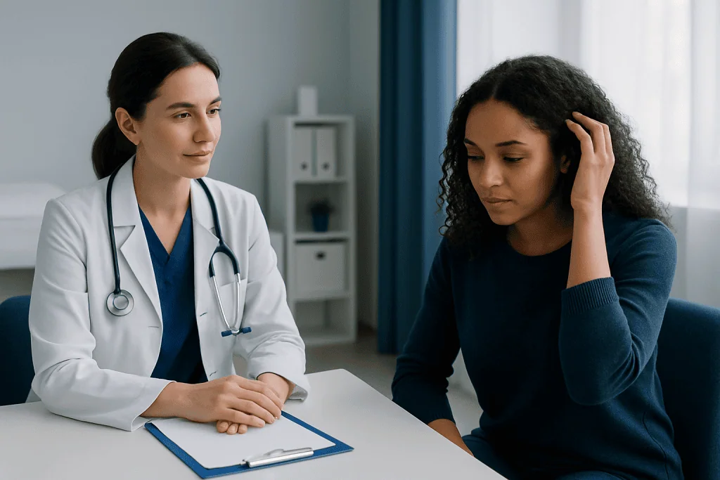 Doctor consulting with a patient about hair health concerns.