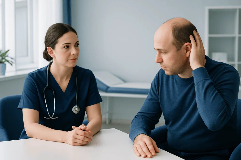 Doctor consulting with male patient about hair loss and alopecia.