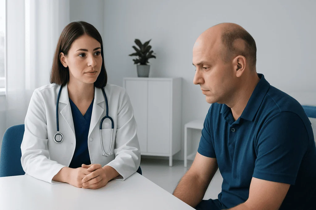 Doctor consulting with patient about alopecia causes and treatment options.