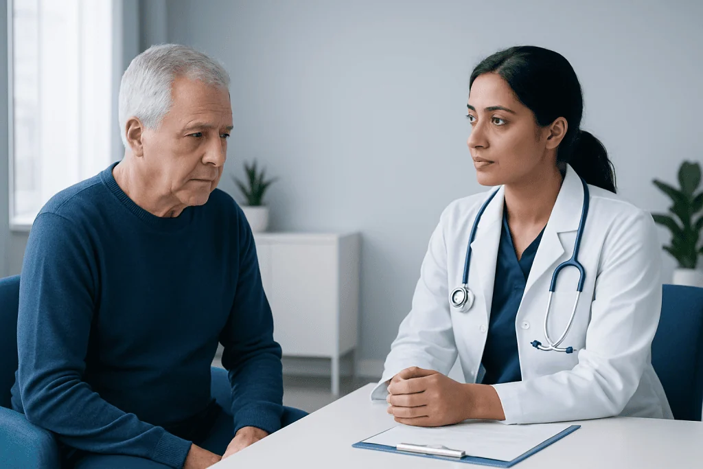 Doctor consulting with an elderly male patient in a medical office.