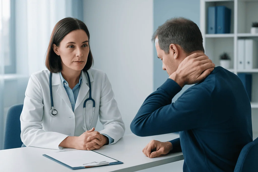 Doctor consulting with patient about headache symptoms and diagnosis.