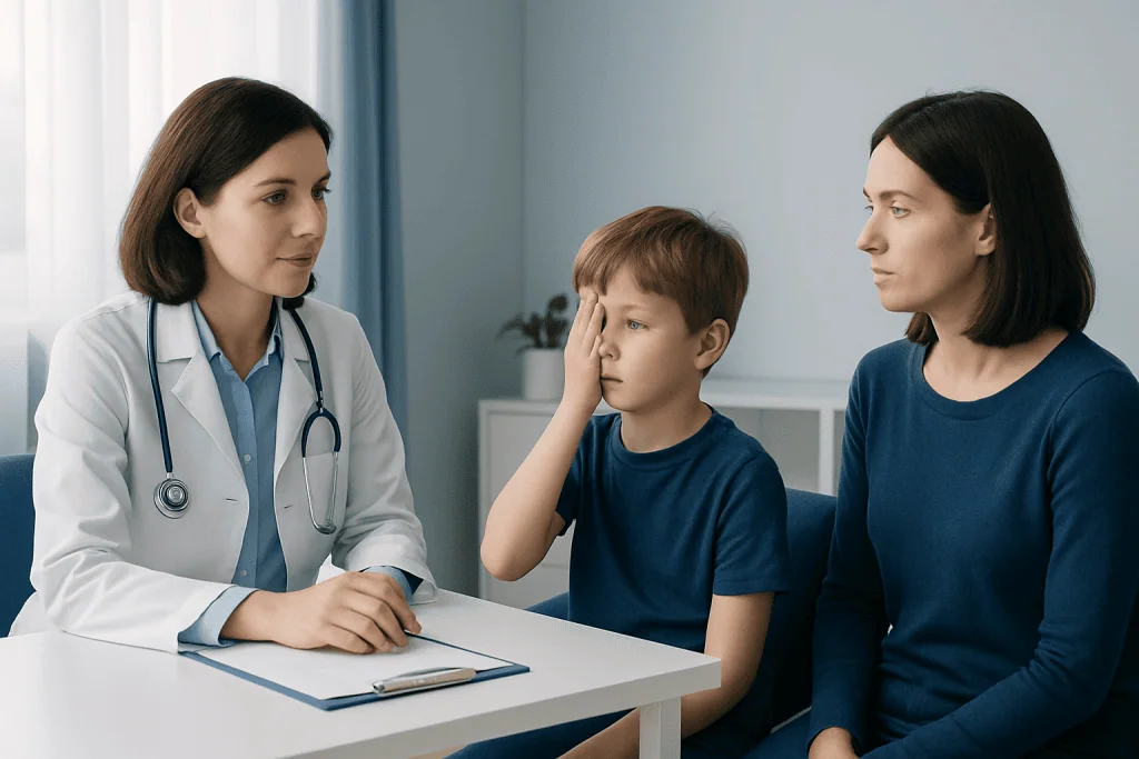 Pediatric eye exam for amblyopia diagnosis in children at a hospital.