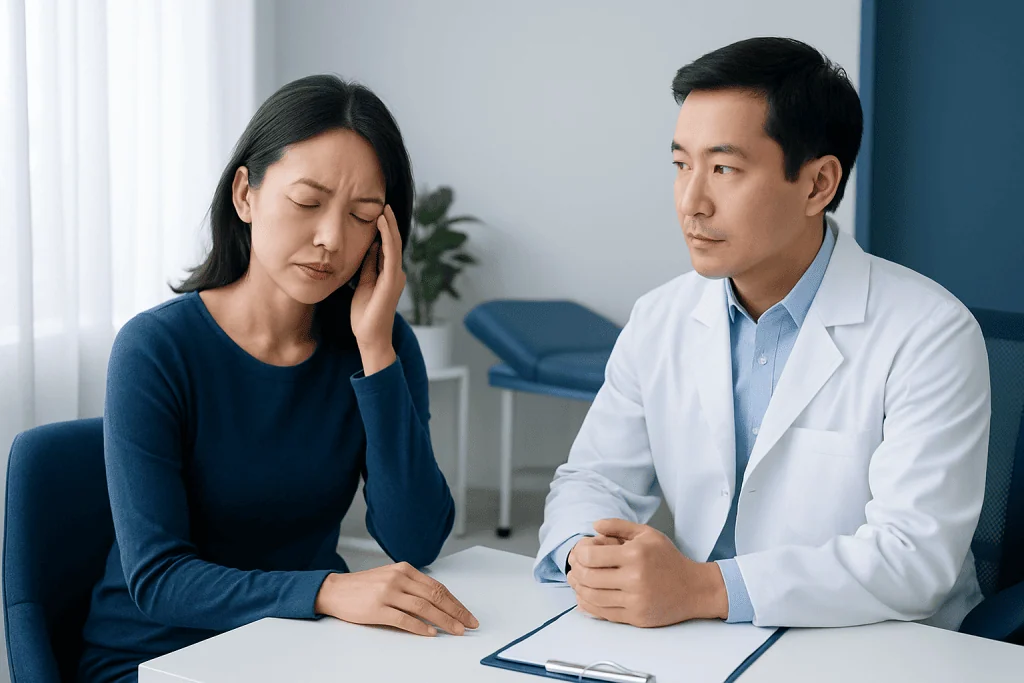 Woman experiencing facial spasm during medical consultation with doctor.