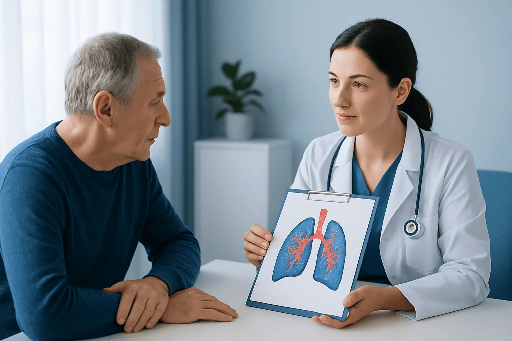 Doctor explaining lung health to an elderly patient with COPD symptoms.