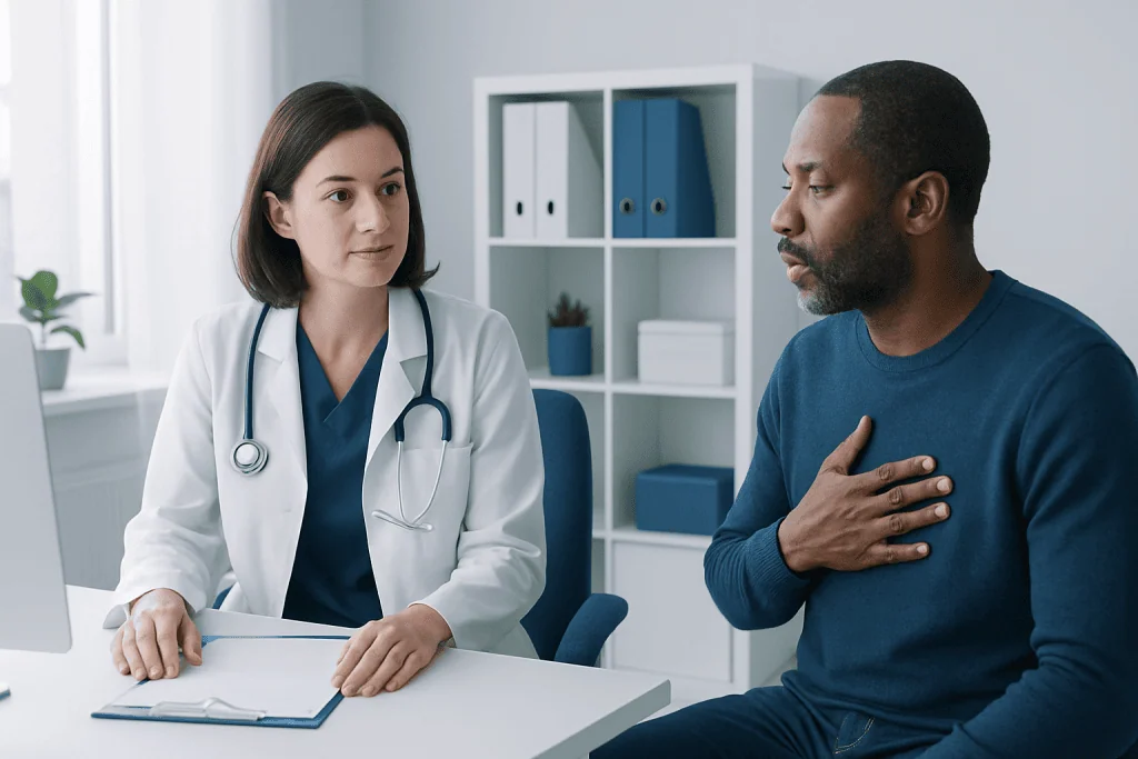 Doctor consulting patient about chest infection symptoms in a clinic.