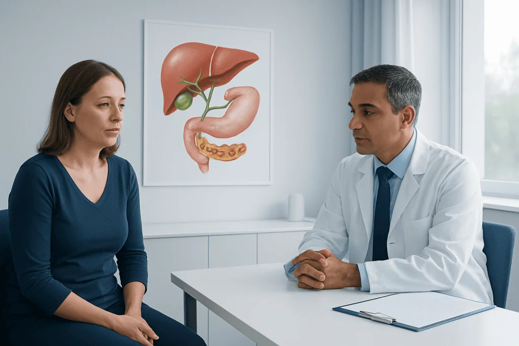 Doctor consulting patient about gallstones and digestive health.