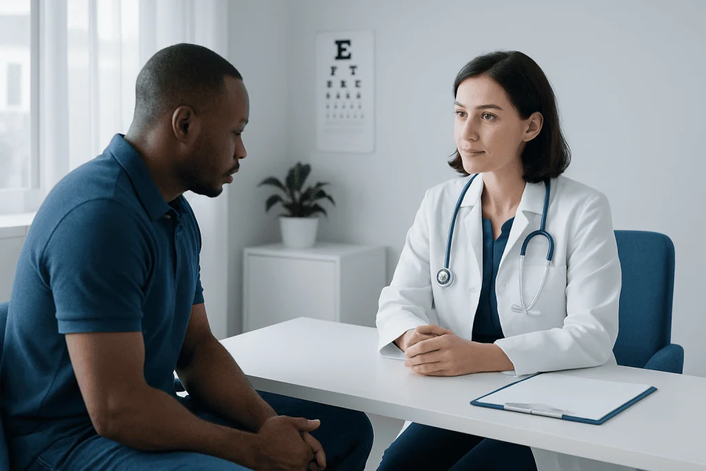 Doctor consulting with a patient in a medical office setting.