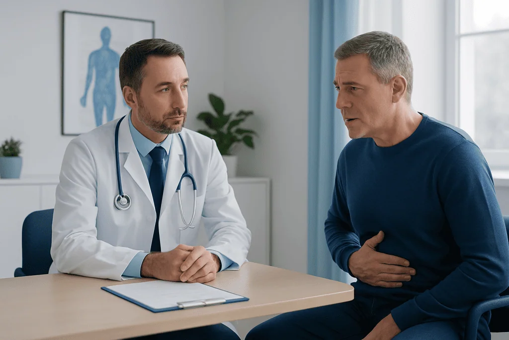 Doctor consulting with patient about abdominal pain in a hospital setting.