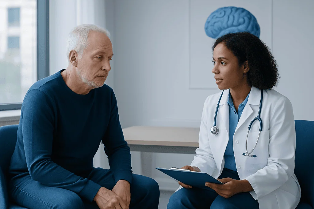 Doctor consulting with an elderly patient in a medical office.
