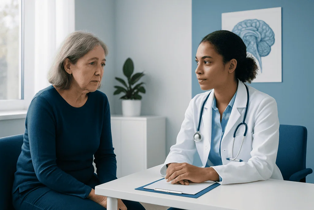 Doctor consulting with an elderly woman in a medical office.