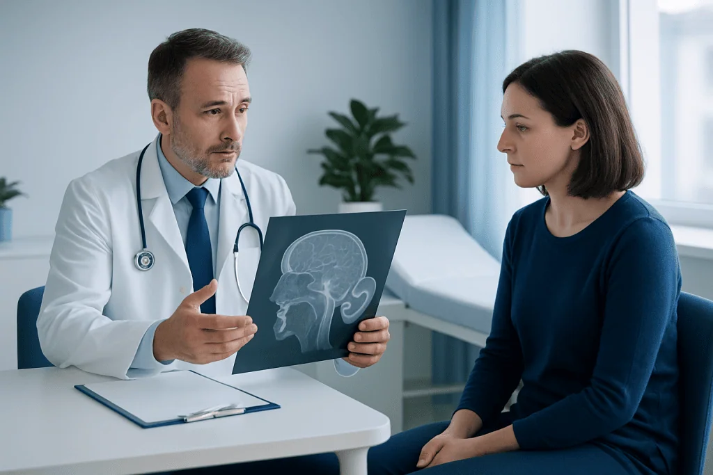 Doctor explaining brain scan to female patient in consultation room.